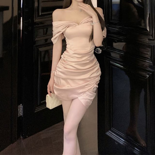 Off-Shoulder Mini Plain Ruched Cap-Sleeve Dress Sheath Asymmetrical