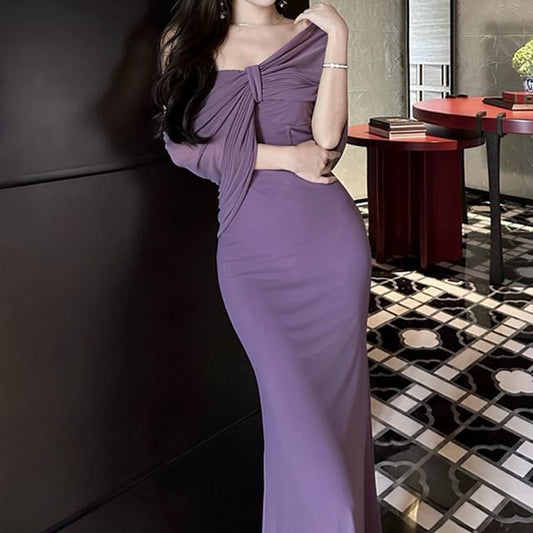 Strapless Midi Plain Bow Dress Sheath