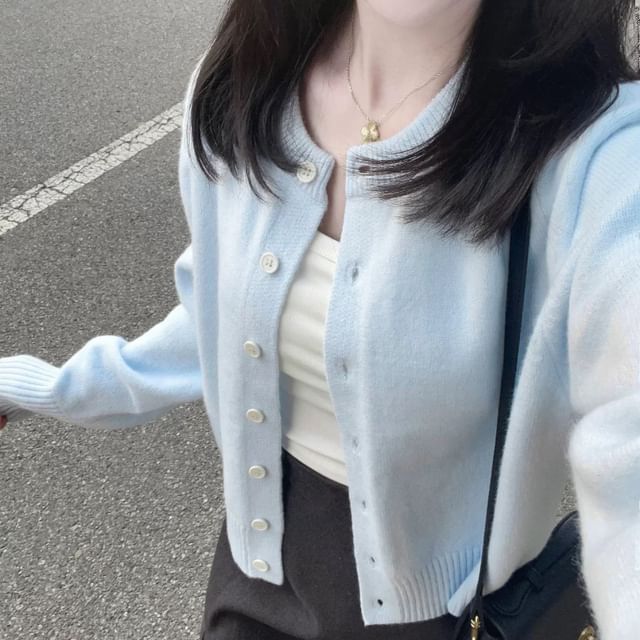 Round Neck Solid Button-Front Cardigan