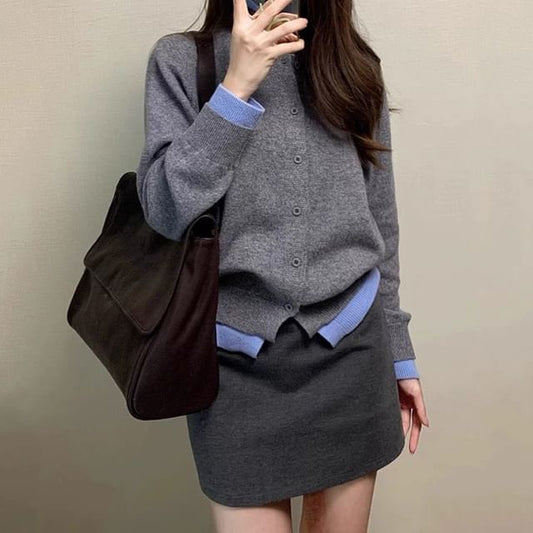 Contrast Trim Round Neck Button-Front Cardigan
