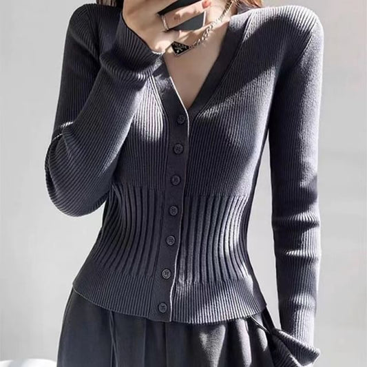 Ribbed V-Neck Cropped Knit Cardigan