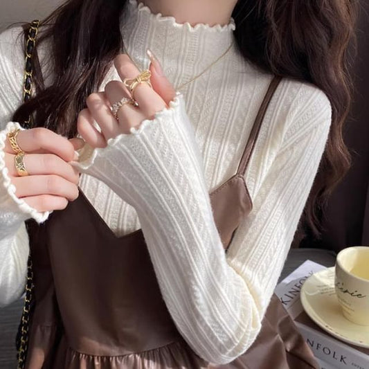 Lettuce Knit Plain Mock Top Neck Long-Sleeve Edge