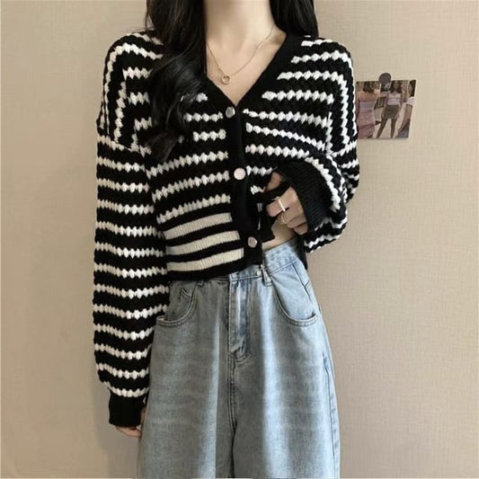 Striped V-Neck Cropped Knit Cardigan