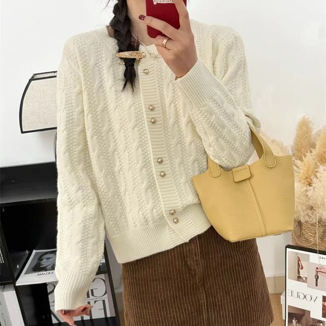 Cable Knit Round Neck Solid Cardigan