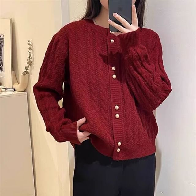Cable Knit Round Neck Solid Cardigan