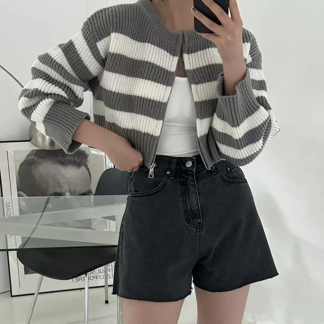 Striped Round Neck Cropped Zip Cardigan