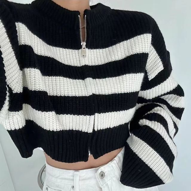 Striped Round Neck Cropped Zip Cardigan