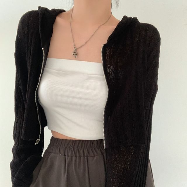 Hooded Cropped Zip-Front Cardigan