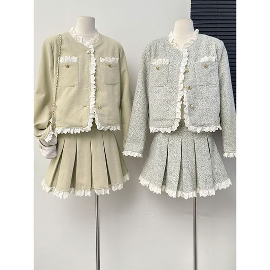Set: Lace-Trim Tweed Jacket + Pleated Mini A-Line Skirt