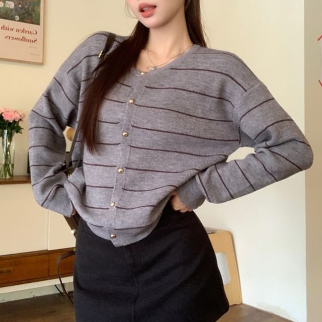 Crew Neck Striped Knit Cardigan
