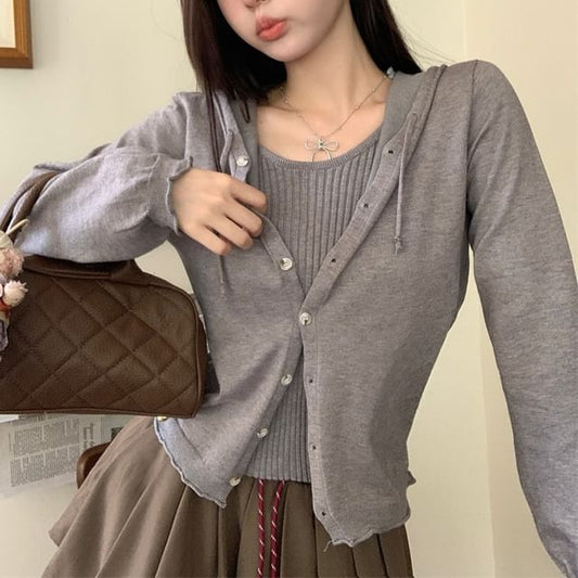 Solid Hooded Mock Two-Piece Knitwear