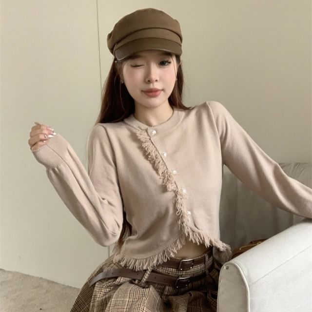 Round Neck Solid Asymmetrical Fringed Trim Crop Jacket