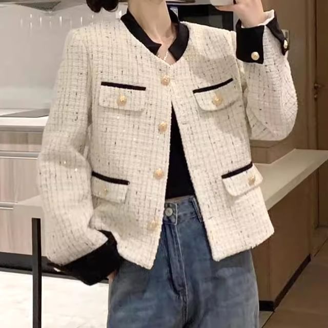 Contrast Trim Tweed Button Jacket