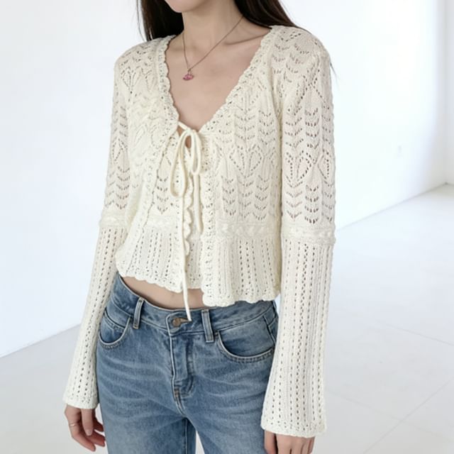 Perforated V-Neck Knit Crop Camisole and Tie Front Cardigan