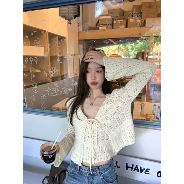 Perforated V-Neck Knit Crop Camisole and Tie Front Cardigan