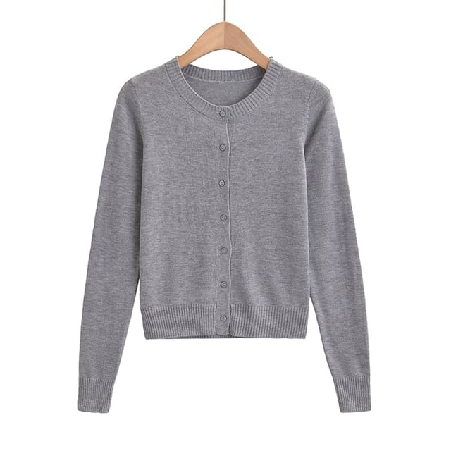 Classic Button-Front Crewneck Knit Cardigan