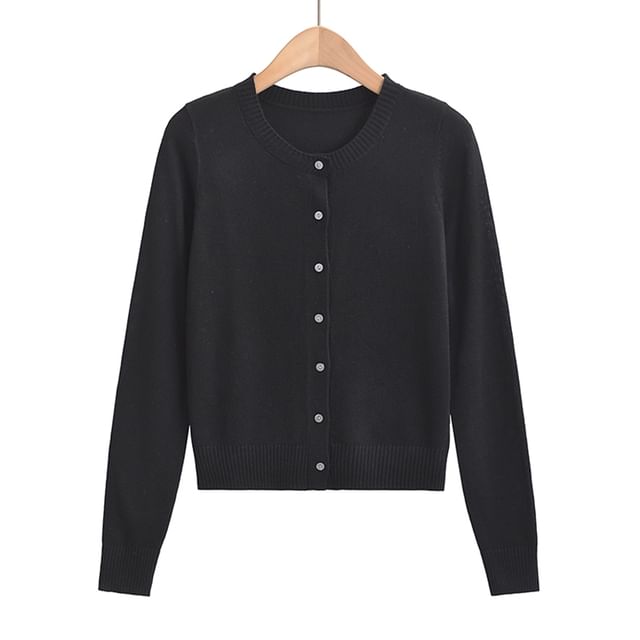 Classic Button-Front Crewneck Knit Cardigan