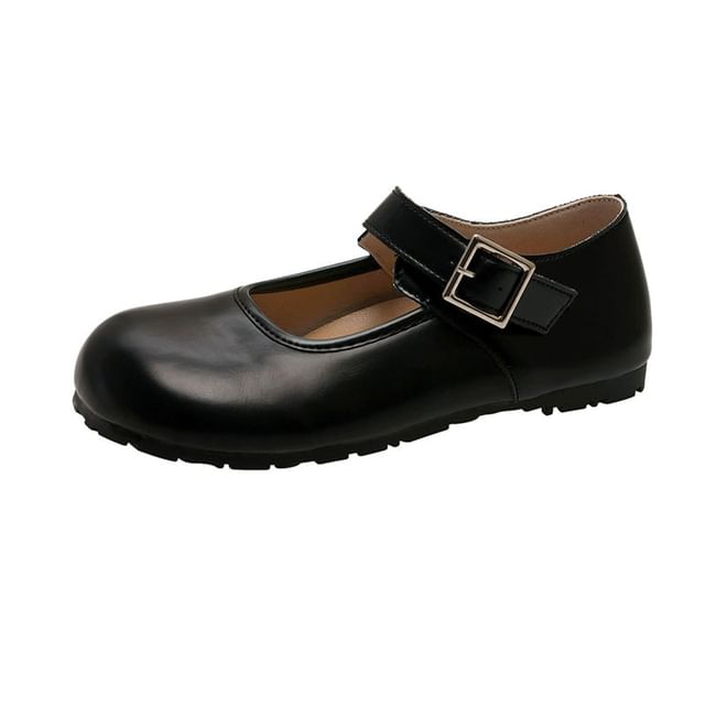 Jane Round Leather Faux Plain Flats Mary Buckled Toe
