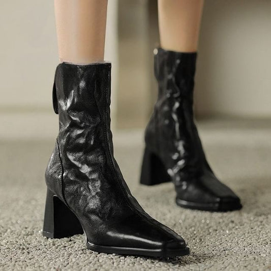 Short Boots Toe Zip Square Block Heel