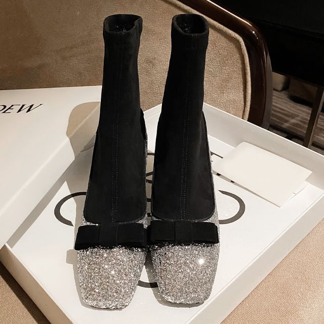 Glitter Bow Square Heel Boots Block Sock Toe Short