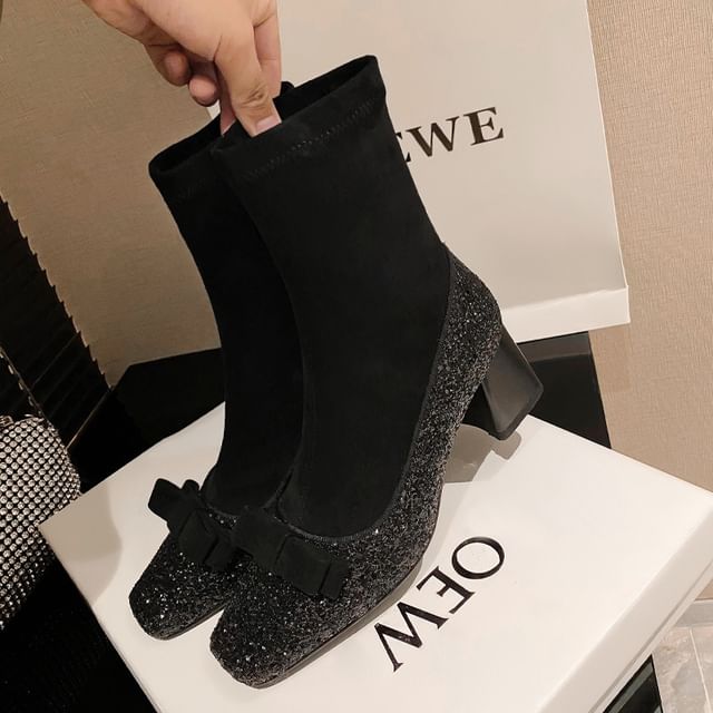 Glitter Bow Square Heel Boots Block Sock Toe Short