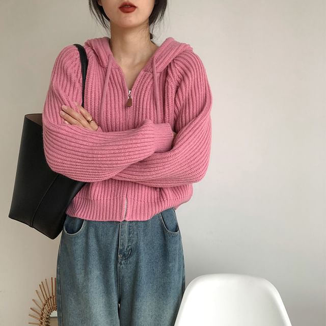 Hooded Ribbed Zip-Front Cardigan