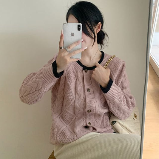 Cable Knit Round Neck Contrast Trim Cardigan