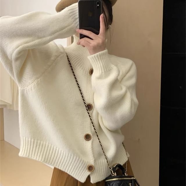 Stand Collar Solid Knit Cardigan