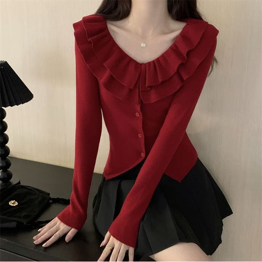 V-Neck Ruffle Detail Knit Cardigan