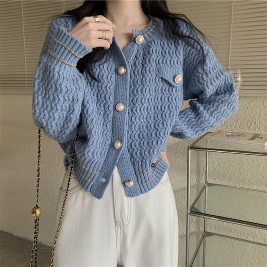 Faux Pearl Button Round Neck Striped Cardigan
