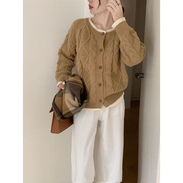 Cable Knit Round Neck Contrast Trim Cardigan