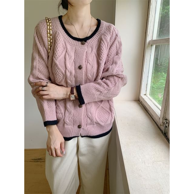 Cable Knit Round Neck Contrast Trim Cardigan