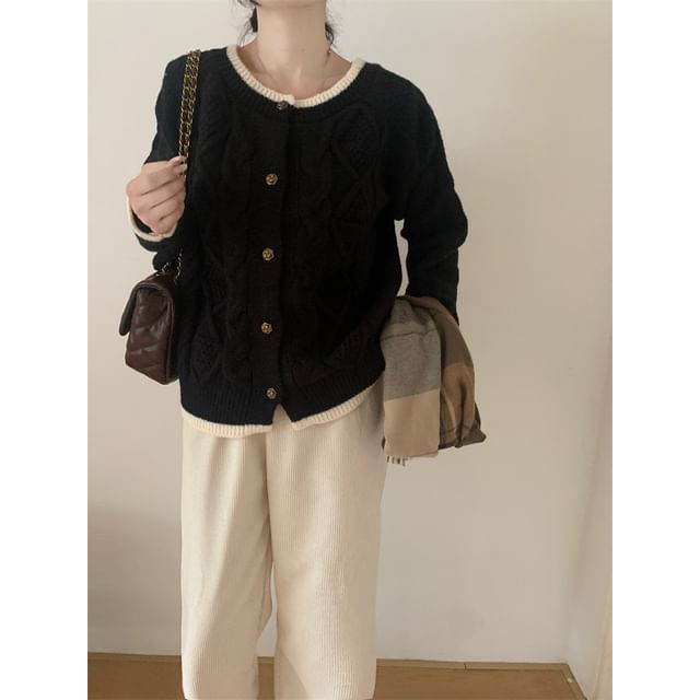 Cable Knit Round Neck Contrast Trim Cardigan