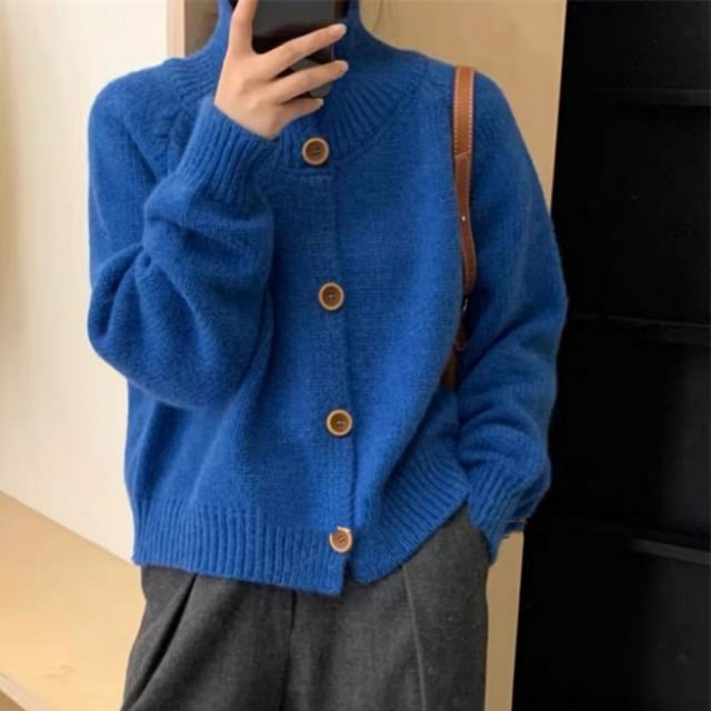 Stand Collar Solid Knit Cardigan
