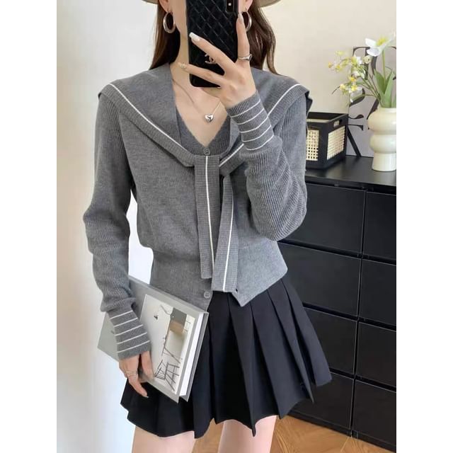 Matching V-Neck Striped Cardigan and Shawl Set