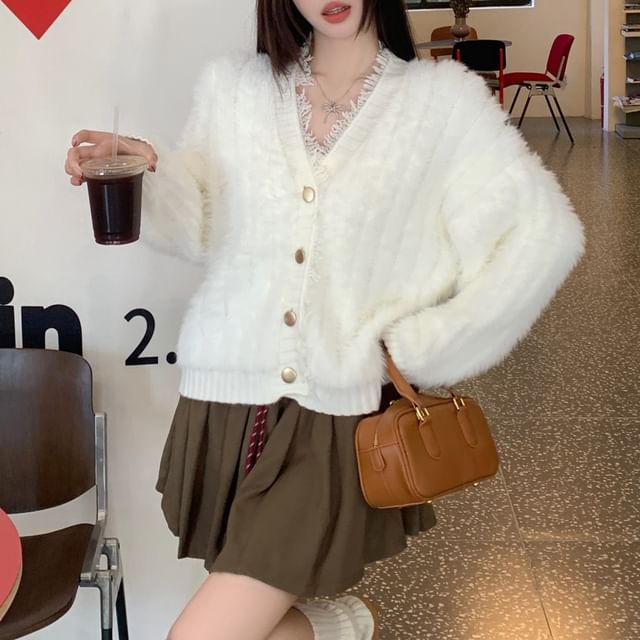 Fringed Trim V-Neck Ribbed Cardigan