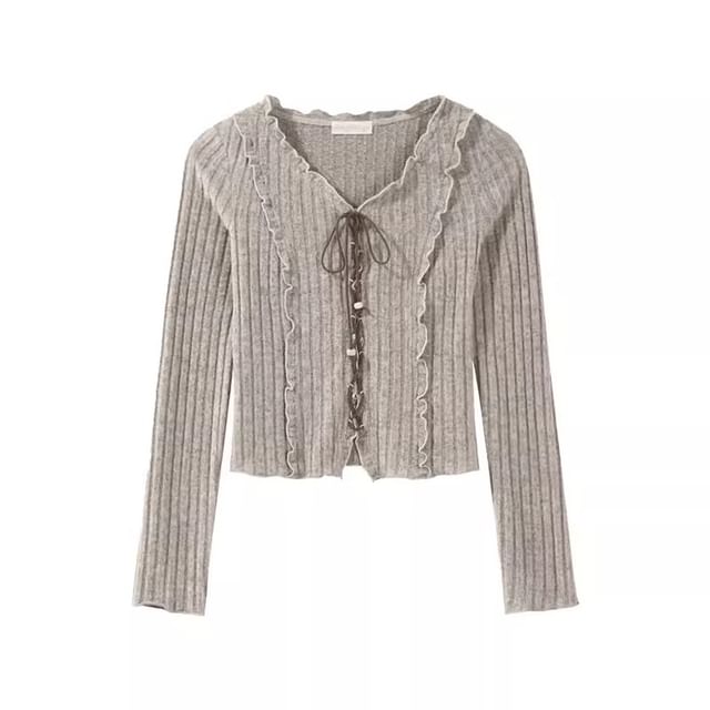 Melange Lace-Up V-Neck Long-Sleeve Knit Top