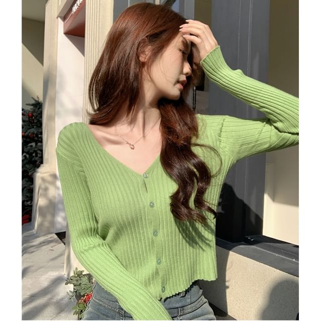 V-Neck Solid Ribbed Knit Jacket