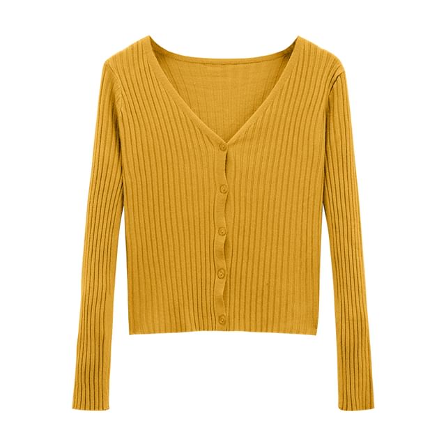 V-Neck Solid Ribbed Knit Jacket