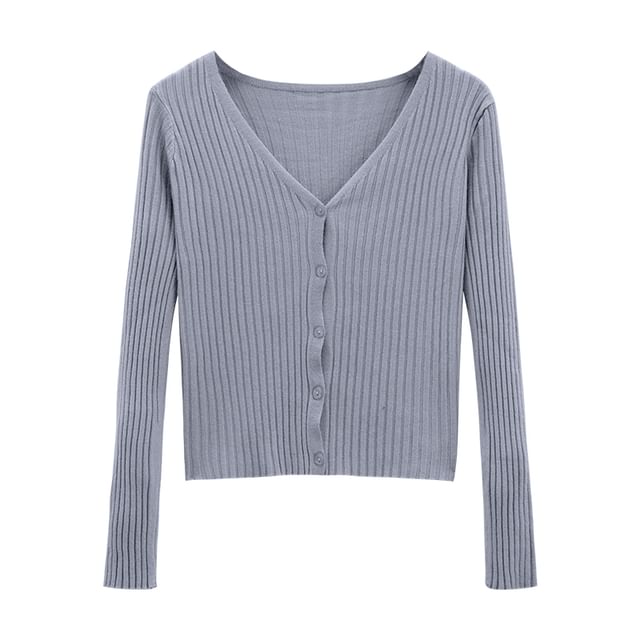 V-Neck Solid Ribbed Knit Jacket