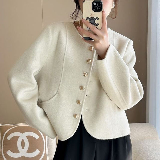 Long Sleeve Round Neck Button Up Wool Blend Jacket