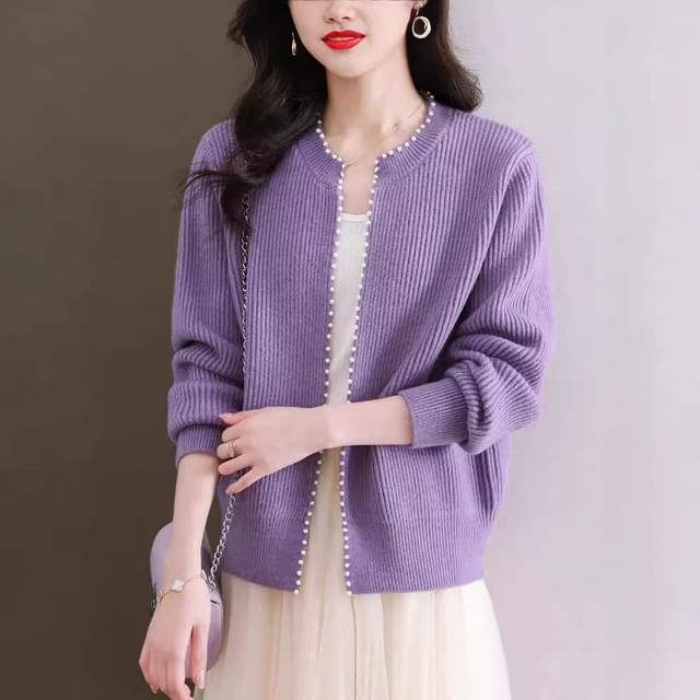 Beaded Open Front Knit Cardigan