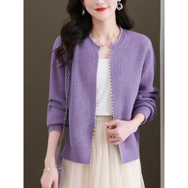 Beaded Open Front Knit Cardigan