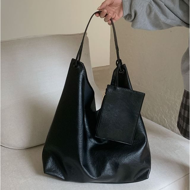 Bag Leather Tote Faux With Pouch Plain