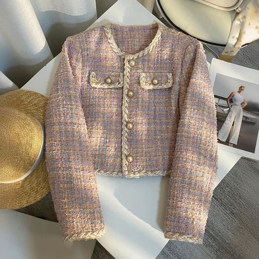 Round Neck Tweed Pearl Button Cropped Jacket