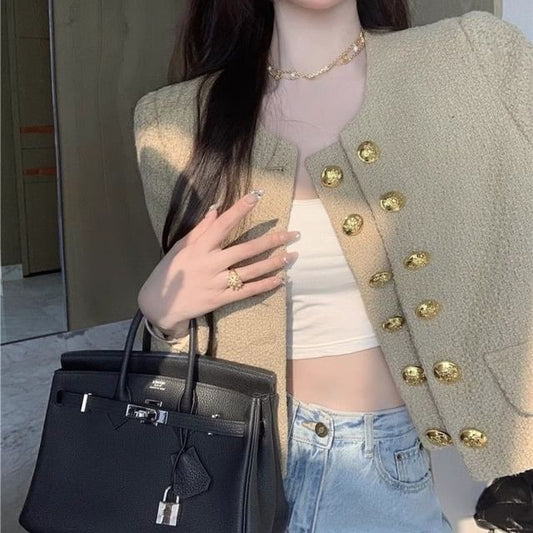 Long Sleeve Round Neck Button Up Cropped Tweed Jacket