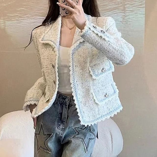 Long Sleeve Contrast Trim Button Up Tweed Jacket