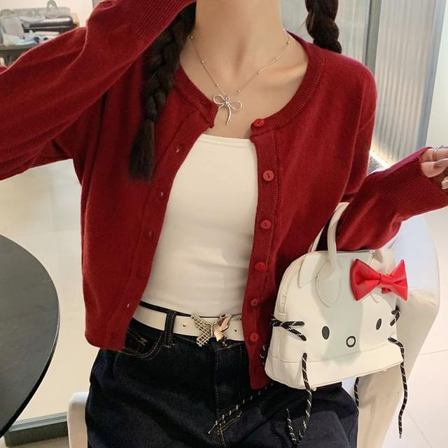 Crewneck Button-Up Cropped Knit Cardigan