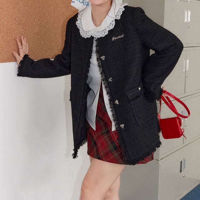 Plus Size Round Neck Plain Fray Tweed Heart Button Jacket