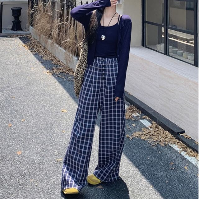 High Waist Plaid Baggy Pants, Solid Cardigan, Crop Camisole Top Set